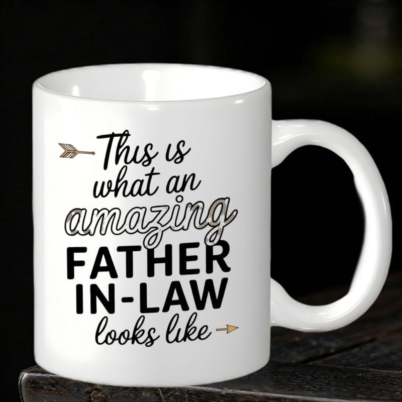 Tailorly White Ceramic 11 oz Mug - This Is What An Amazing Father In Law Looks Like Minimalist Style With Elegant Decorative Script Featuring Tribal Arrow