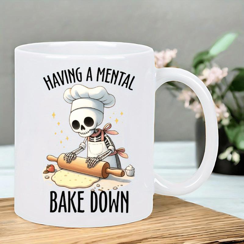 Tailorly White Ceramic 11 oz Mug - Having A Mental Bake Down Cartoon Chef Wearing Hat Rolling Out Pastry Dough For Baking Skeleton