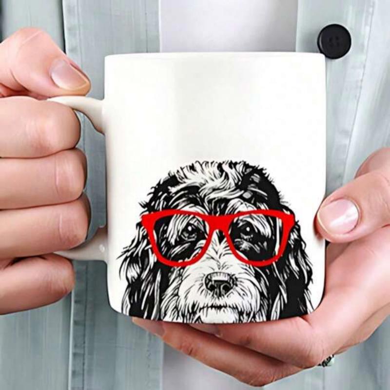 Tailorly White Ceramic 11 oz Mug - Artistic Sketch Of A Shaggy Puppy Wearing Bright Red Frame Glasses Dog