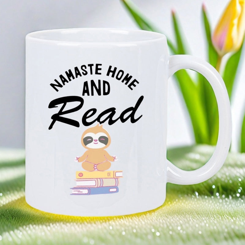 Tailorly White Ceramic 11 oz Mug - Namaste Home And Read Adorable Sloth Meditating Quietly On A Stack Of Colorful Books Sloth