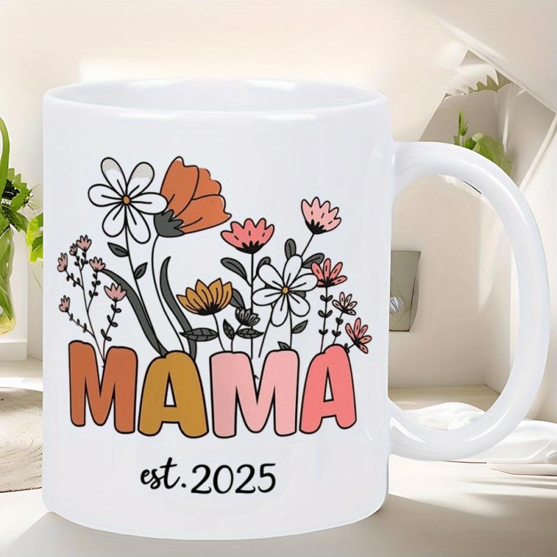 Tailorly White Ceramic 11 oz Mug - Mama Est 2025 Hand Drawn Wildflowers Blooming In Retro Colors Above Bold Motherhood Text Flower