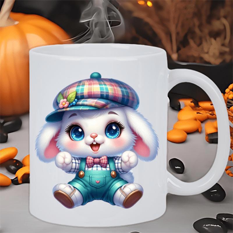 Tailorly White Ceramic 11 oz Mug - Adorable Cartoon White Bunny Wearing Plaid Hat And Teal Overalls Rabbit