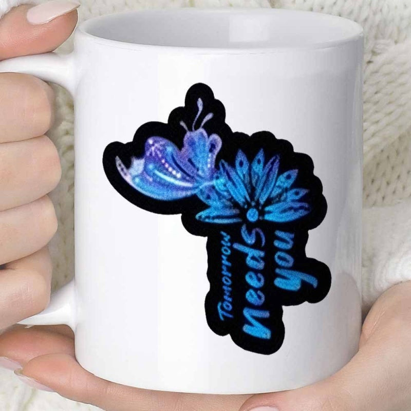 Tailorly White Ceramic 11 oz Mug - Tomorrow Needs You Elegant Blue Butterfly Landing On Radiant Flower Petals Butterfly