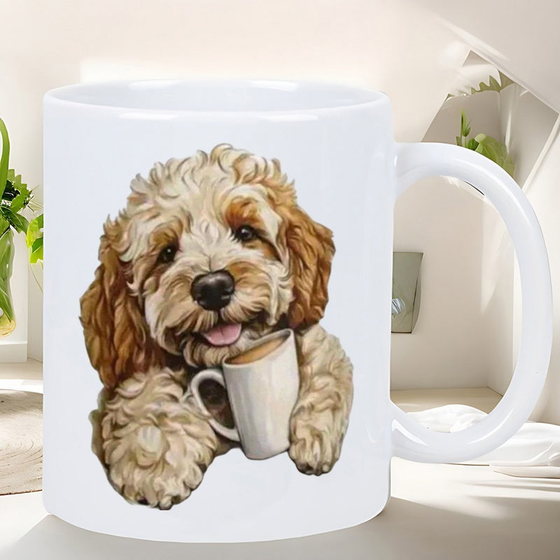 Tailorly White Ceramic 11 oz Mug - Adorable Fluffy Brown Poodle Holding A Small Warm Coffee Mug Dog
