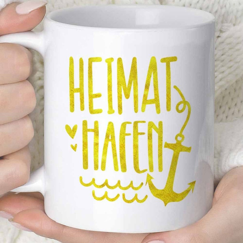 Tailorly White Ceramic 11 oz Mug - Bright Yellow Nautical Design With Small Hearts And Wavy Lines Anchor