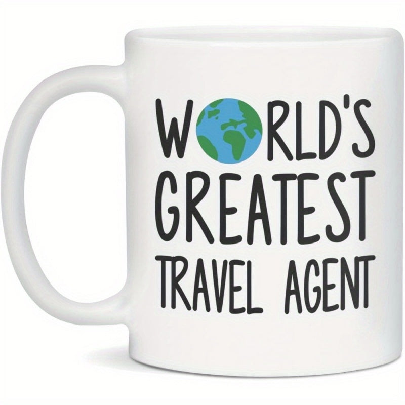 Tailorly White Ceramic 11 oz Mug - World's Greatest Travel Agent Simplified Earth Map Colored In Blue And Green Globe