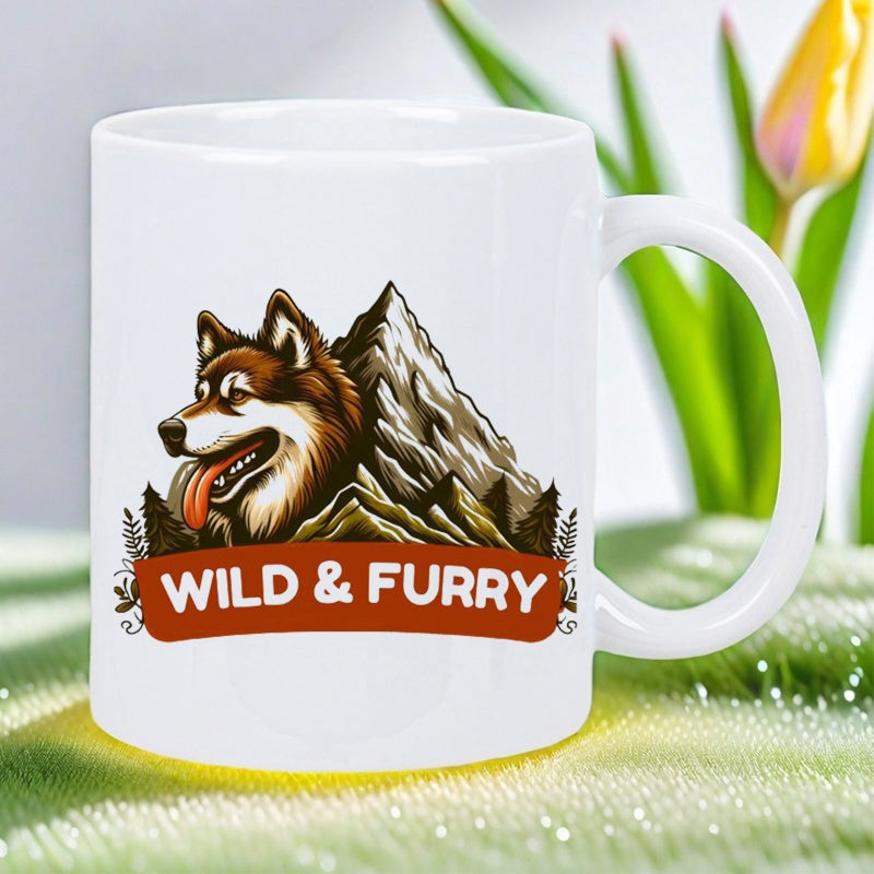 Tailorly White Ceramic 11 oz Mug - Wild Furry Majestic Brown Dog Among Rugged Mountain Peaks Under Daylight Husky