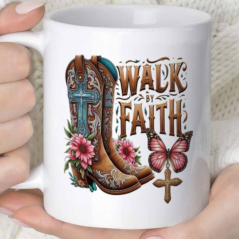 Tailorly White Ceramic 11 oz Mug - Walk By Faith Ornate Leather Textured Western Style With Religious Symbols And Blooming Flowers Cowboy Boot