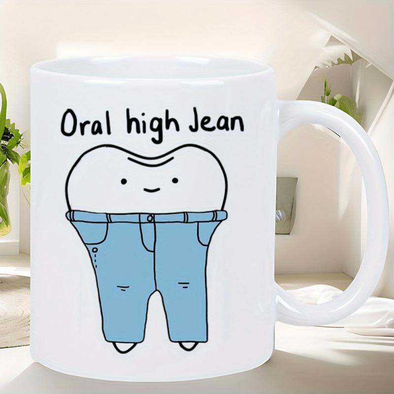 Tailorly White Ceramic 11 oz Mug - Oral High Jean Cute Cartoon Smiling Tooth Wearing High Waisted Denim Pants Tooth