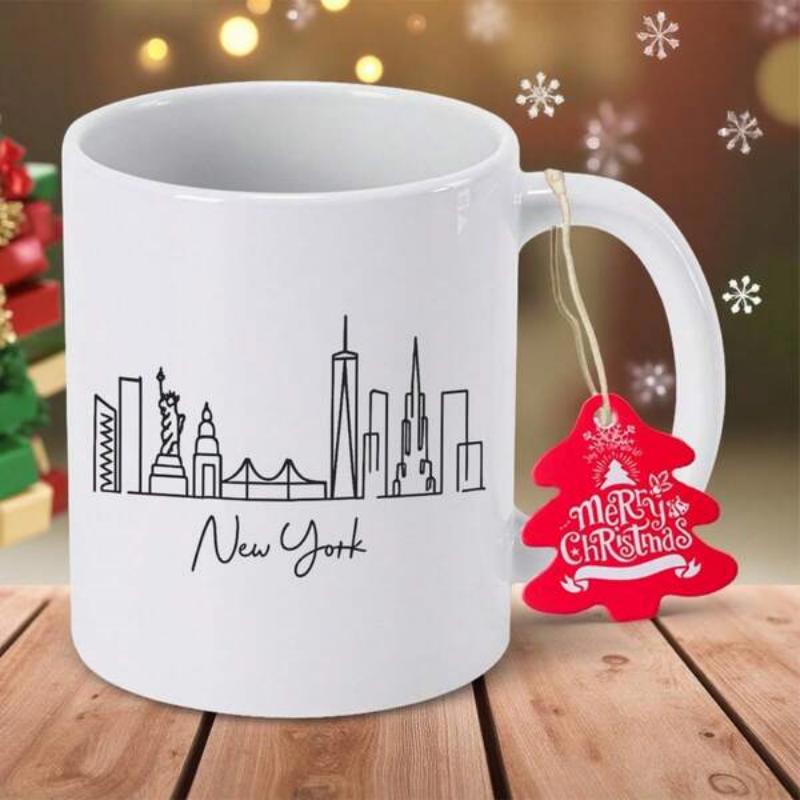 Tailorly White Ceramic 11 oz Mug - New York Minimalist Black Line Art Representing Iconic Landmarks Across The City Skyline