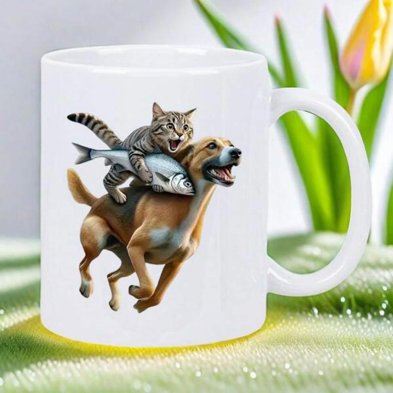 Tailorly White Ceramic 11 oz Mug - Excited Tabby Cat Carrying Large Fish Riding Fast Running Dog