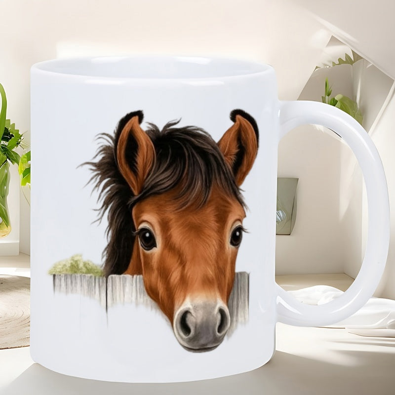 Tailorly White Ceramic 11 oz Mug - Majestic Young Brown Stallion Peering Over A Rustic Wooden Fence Horse