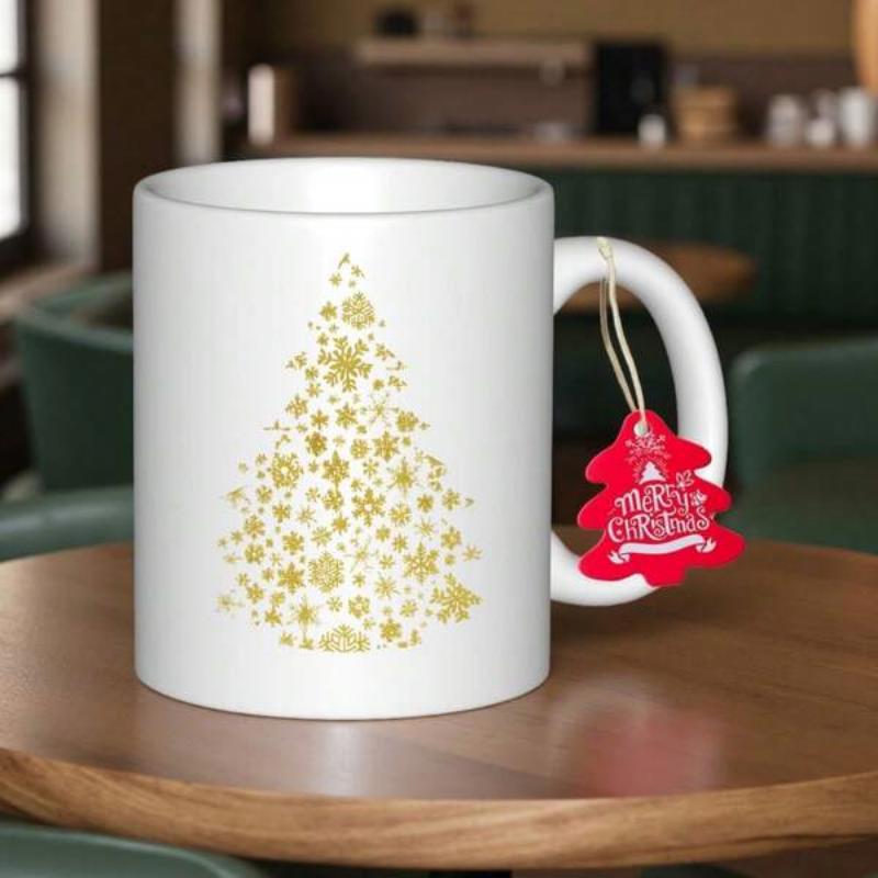Tailorly White Ceramic 11 oz Mug - Merry Christmas Shimmering Golden Stars Forming An Elegant Festive Silhouette On Ceramic Tree
