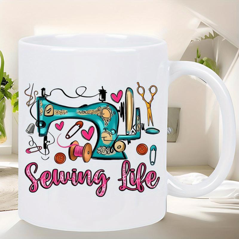 Tailorly White Ceramic 11 oz Mug - Sewing Life Vintage Teal Machine With Golden Scissors Hearts And Crafting Supplies Sewing Machine