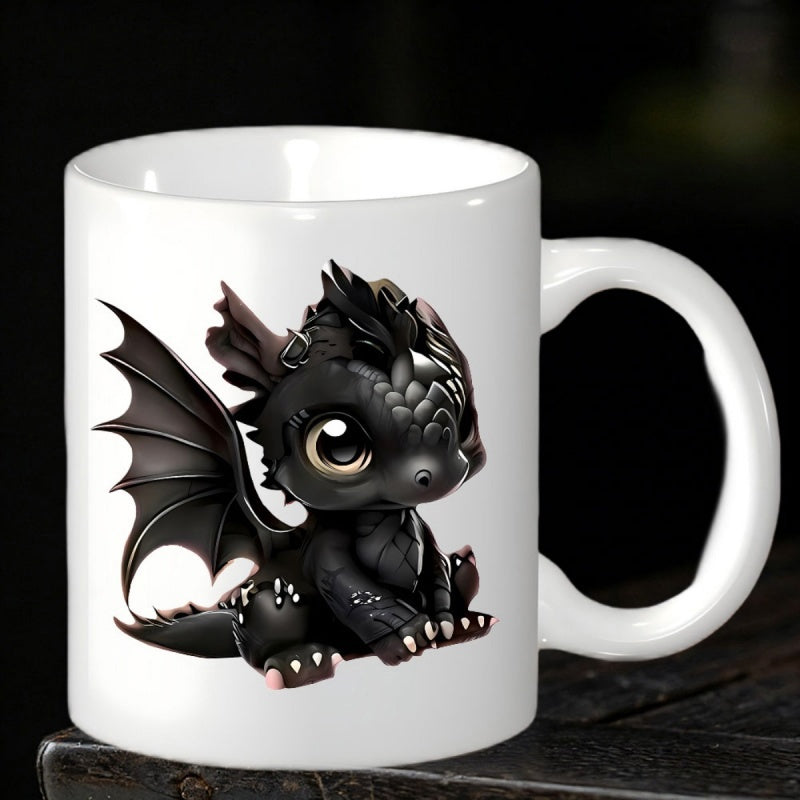 Tailorly White Ceramic 11 oz Mug - Chibi Style Little Black Dragon Resting Peacefully With Large Wings Dragon