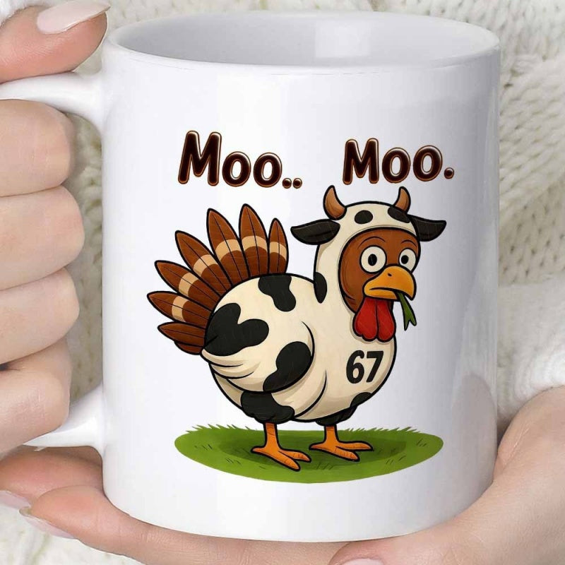 Tailorly White Ceramic 11 oz Mug - Moo Moo Humorous Cartoon Bird Wearing Spotted Cow Costume Standing On Green Grass Turkey