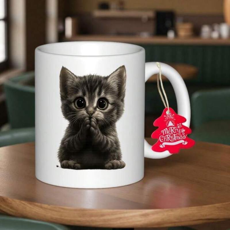 Tailorly White Ceramic 11 oz Mug - Merry Christmas Adorable Grey Kitten With Big Sparkling Eyes Sitting In Calm Pose Kitten