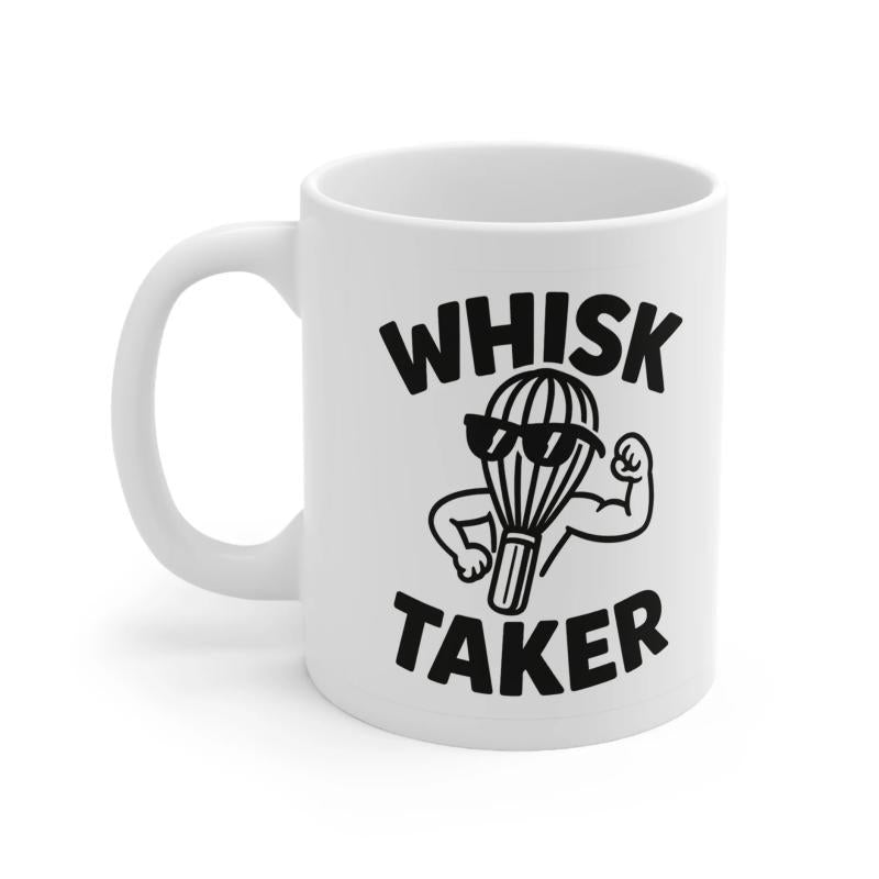 Tailorly White Ceramic 11 oz Mug - Whisk Taker Strong Personified Kitchen Tool With Sunglasses Flexing Muscular Arms Whisk