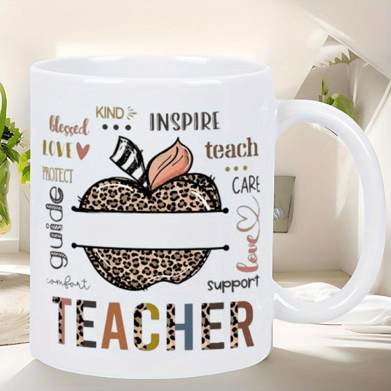 Tailorly White Ceramic 11 oz Mug - Teacher Inspire Teach Leopard Patterned Split Graphic With Inspirational Words For Education Appreciation Apple