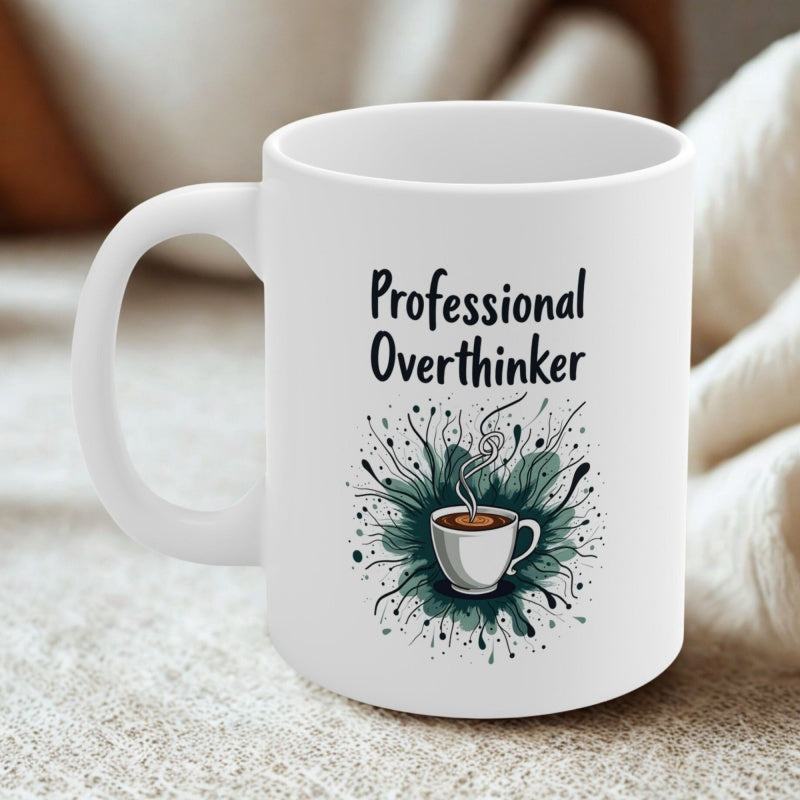 Tailorly White Ceramic 11 oz Mug - Professional Overthinker Artistic Green Ink Splatter Surrounding A Steaming Hot Coffee Cup