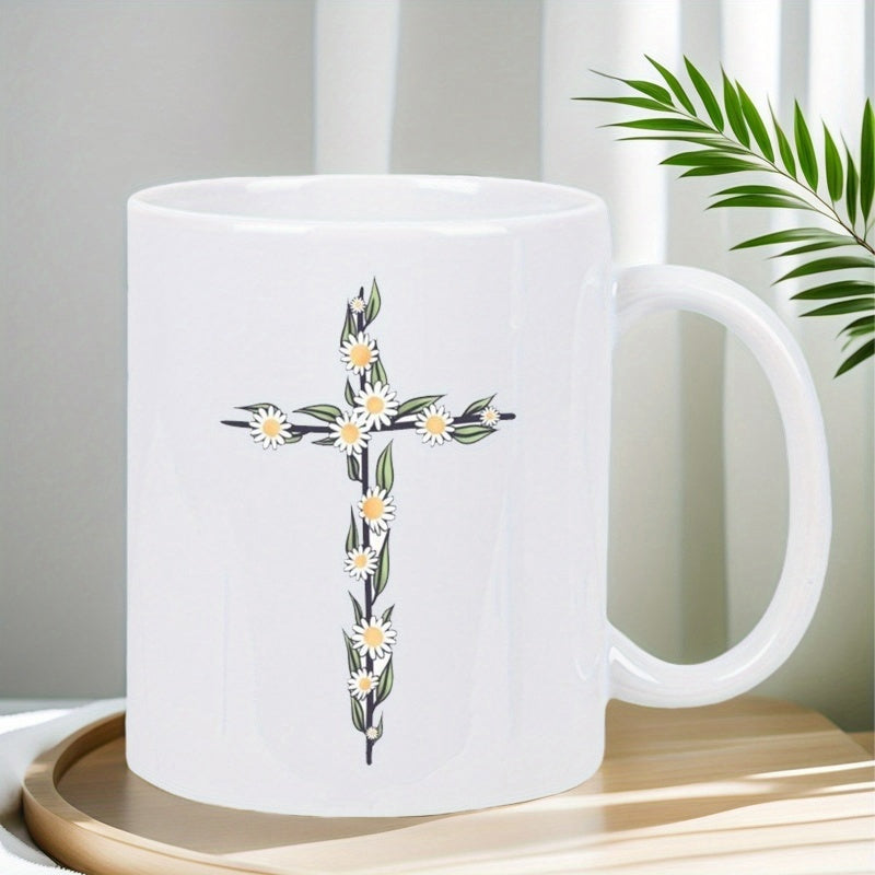 Tailorly White Ceramic 11 oz Mug - Elegant Floral Vine With Blooming White Daisies And Green Leaves Decorative Cross