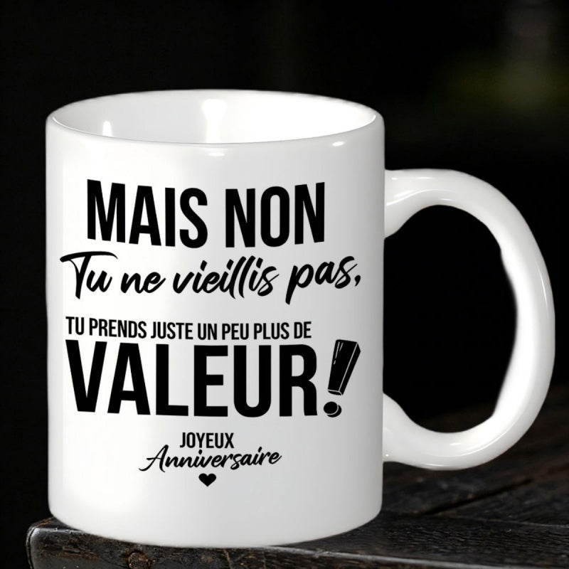 Tailorly White Ceramic 11 oz Mug - Simple Decorative Heart Centered Below Bold Minimalist French Typography Celebrating Birthday Mug