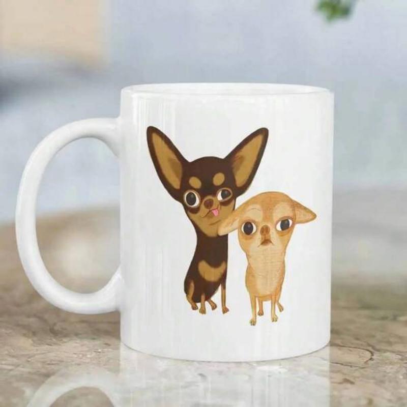 Tailorly White Ceramic 11 oz Mug - Adorable Cartoon Pair Of Dogs With Large Expressive Eyes And Ears Chihuahua