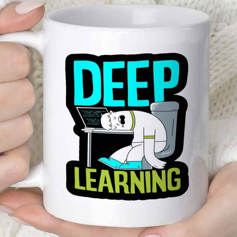 Tailorly White Ceramic 11 oz Mug - Deep Learning Exhausted White Creature Slumped Over Laptop At Workspace Yeti