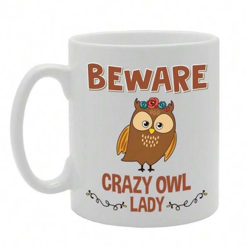 Tailorly White Ceramic 11 oz Mug - Beware Crazy Owl Lady Cute Cartoon Bird With Floral Wreath And Large Curious Eyes Owl