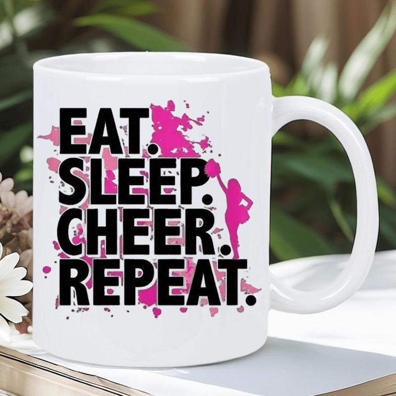 Tailorly White Ceramic 11 oz Mug - Eat Sleep Cheer Repeat Pink Artistic Splatter Paint Behind A Graceful Silhouette Of Cheering Girl Mug