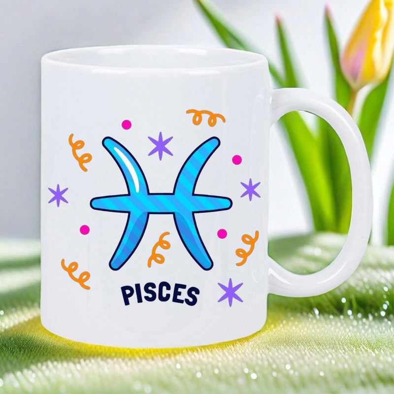 Tailorly White Ceramic 11 oz Mug - Pisces Colorful Celestial Elements Adorning A Vibrant Blue Astrological Symbol Pisces