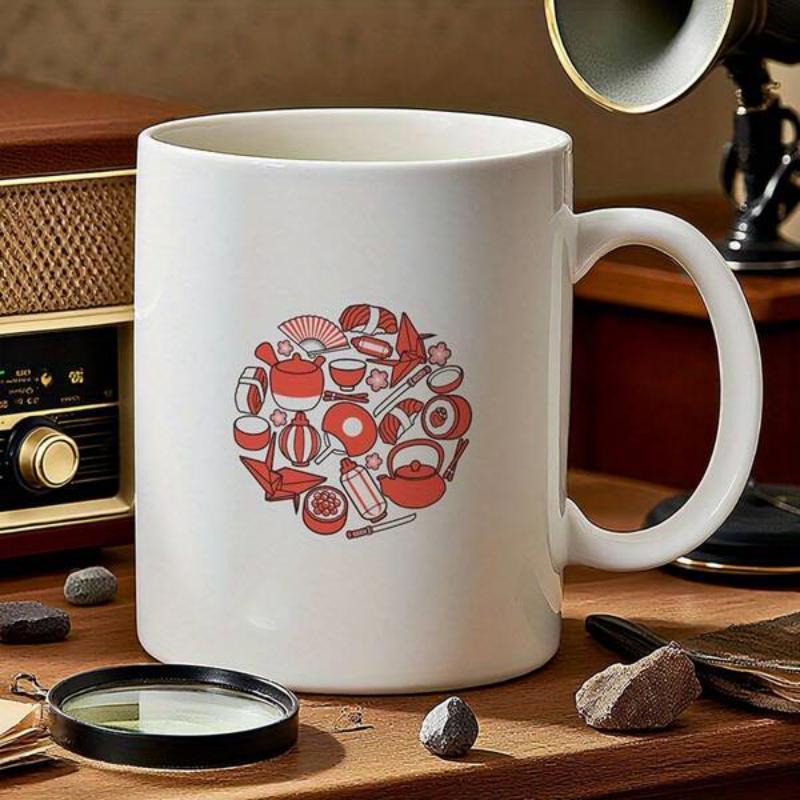 Tailorly White Ceramic 11 oz Mug - Circular Minimalist Red Japanese Cultural Icons Featuring Sushi And Origami Mug