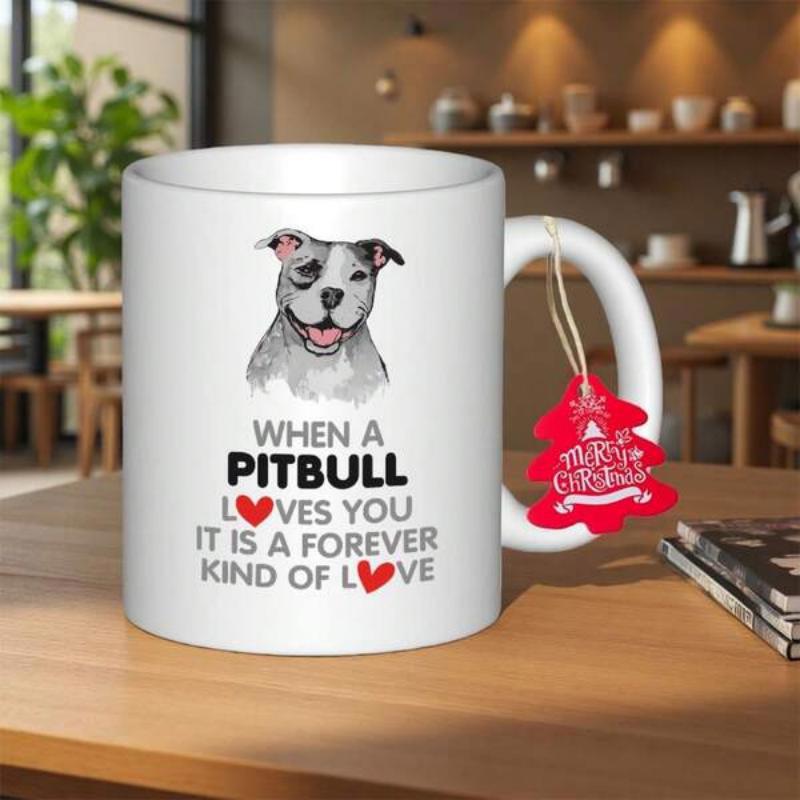 Tailorly White Ceramic 11 oz Mug - When A Pitbull Loves You It Is A Forever Kind Of Love Faithful Smiling Portrait With Adorable Expressive Eyes And Small Hearts