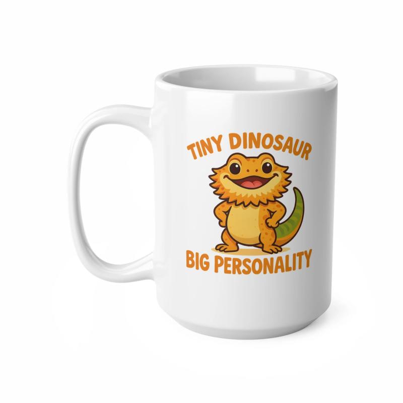 Tailorly White Ceramic 11 oz Mug - Tiny Dinosaur Big Personality Cute Orange Cartoon Reptile Standing Proudly With A Long Green Tail Bearded Dragon