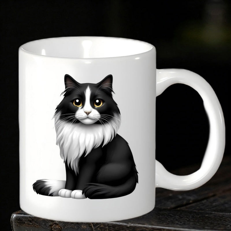 Tailorly White Ceramic 11 oz Mug - Majestic Long Haired Black And White Tuxedo Cat Sitting With Graceful Poise Cat