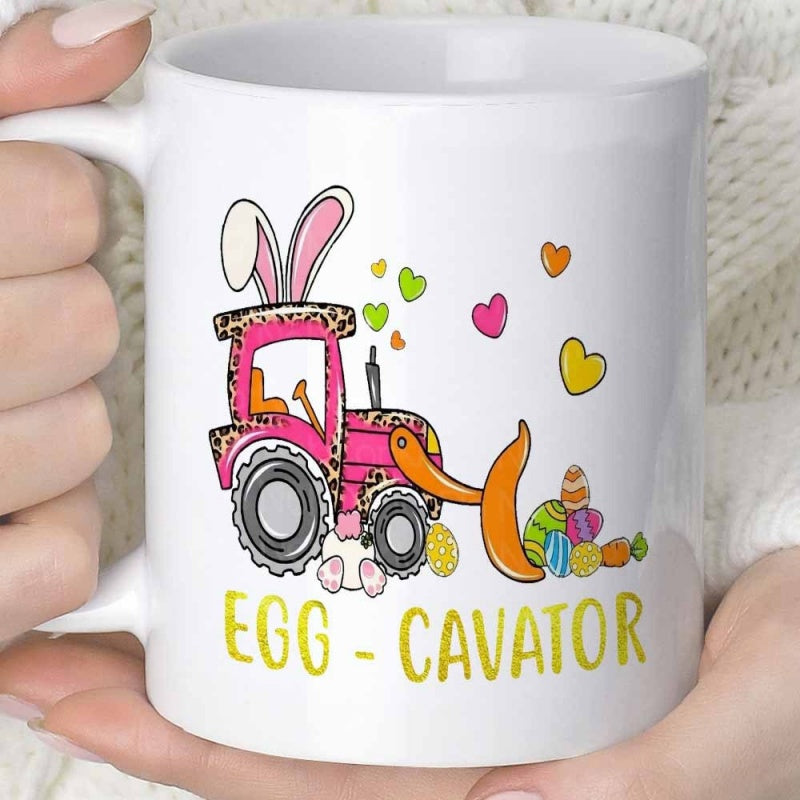Tailorly White Ceramic 11 oz Mug - Egg Cavator Pink Leopard Print Machine With Bunny Ears And Colorful Easter Eggs Excavator