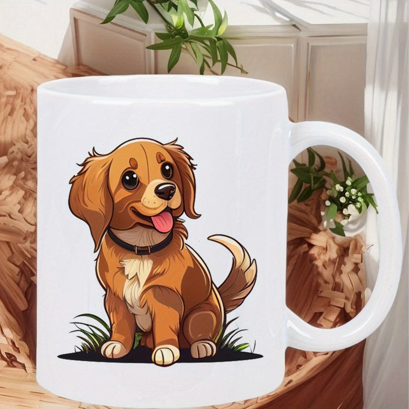 Tailorly White Ceramic 11 oz Mug - Cute Cartoon Golden Retriever Sitting Gracefully On Lush Green Grass Dog