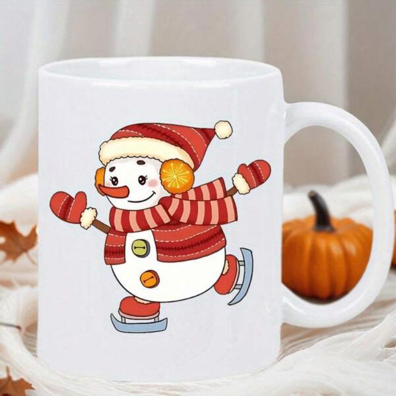 Tailorly White Ceramic 11 oz Mug - Ice Skating Cheerful Cartoon Character Wearing Warm Red Scarf And Hat Snowman