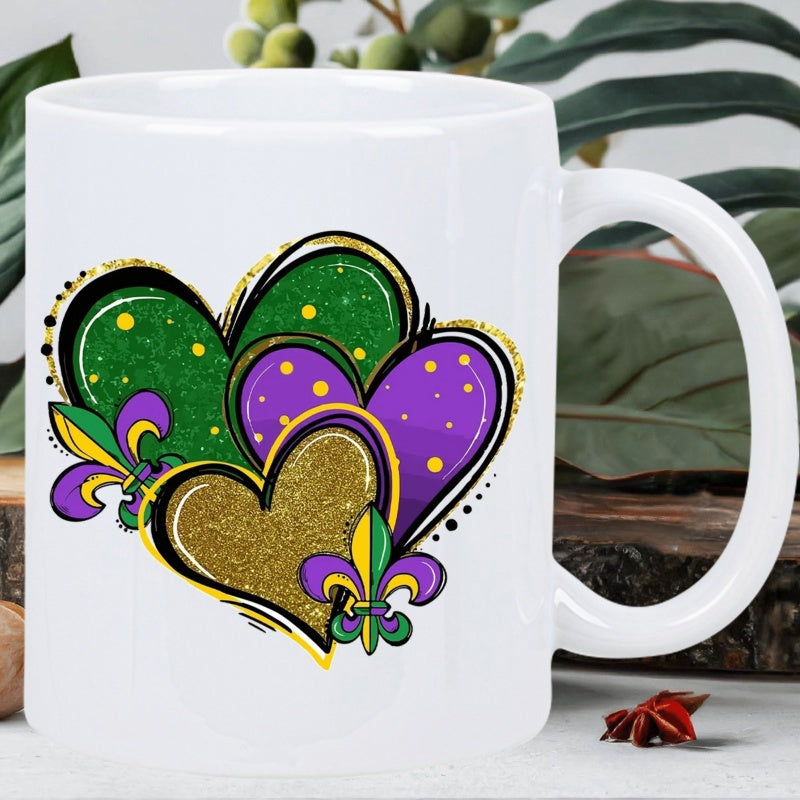 Tailorly White Ceramic 11 oz Mug - Colorful Glittering Mardi Gras Pattern Featuring Elegant Fleur De Lis Symbols Heart