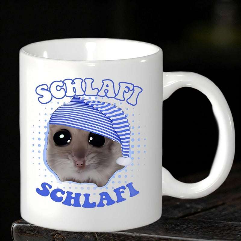 Tailorly White Ceramic 11 oz Mug - Cute Fluffy Animal Wearing Blue Striped Sleeping Cap Amidst Dotted Background Hamster