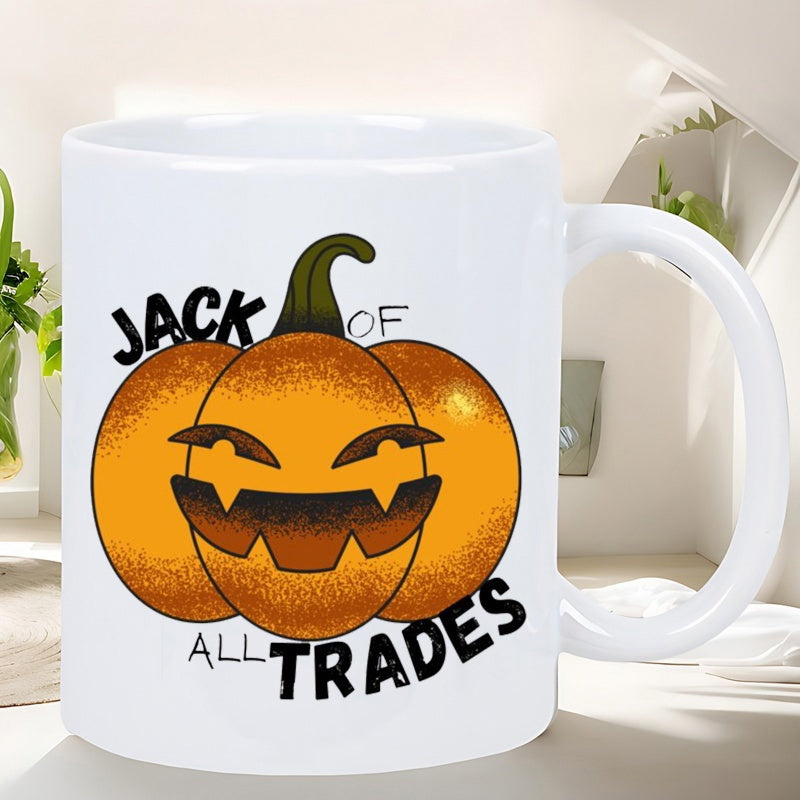 Tailorly White Ceramic 11 oz Mug - Jack Of All Trades Smiling Orange Jack O Lantern With Green Stem Festive Pumpkin