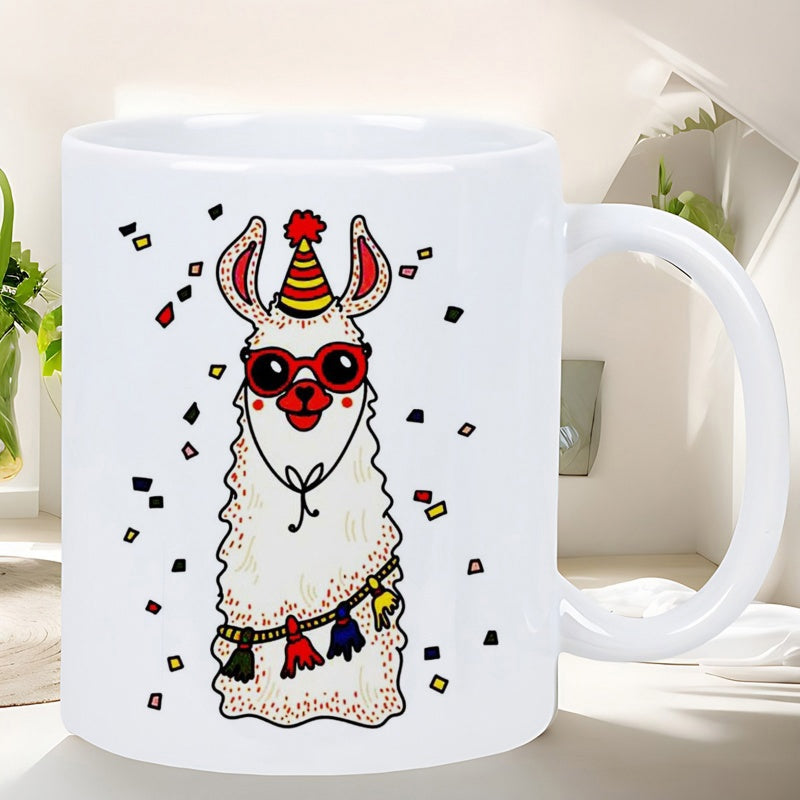 Tailorly White Ceramic 11 oz Mug - Whimsical Festive Party Animal Wearing Red Sunglasses And Striped Hat Llama