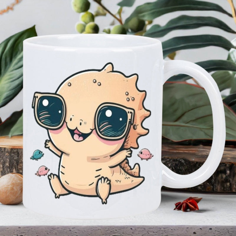 Tailorly White Ceramic 11 oz Mug - Cute Animated Creature Wearing Dark Sunglasses Surrounded By Floating Colorful Fish Dinosaur