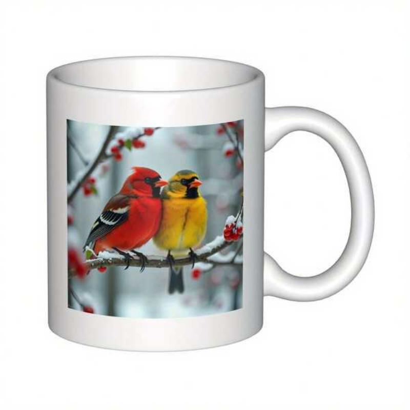 Tailorly White Ceramic 11 oz Mug - Vibrant Red And Yellow Songbirds Perching On Snowy Branch With Berries Cardinal