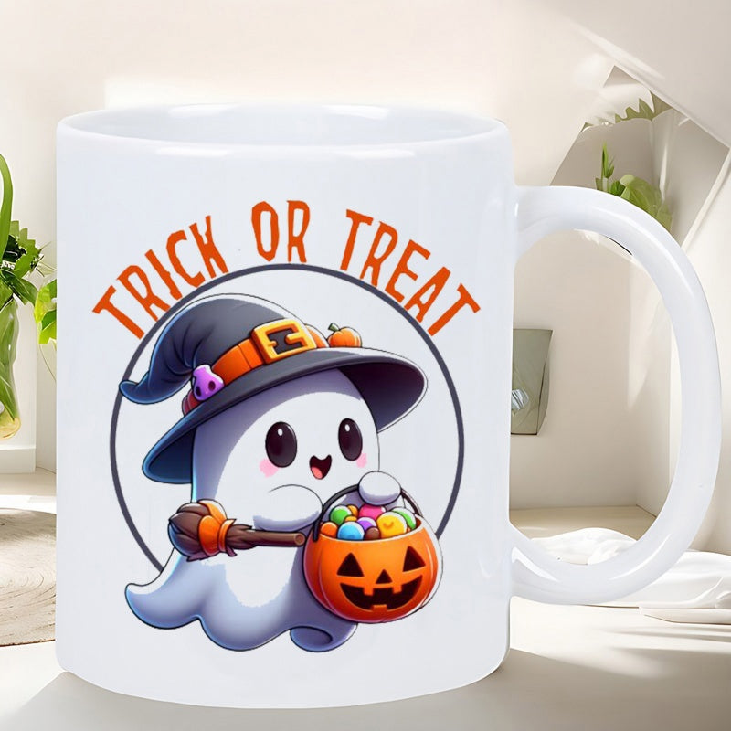 Tailorly White Ceramic 11 oz Mug - Trick Or Treat Cute Smiling Cartoon Holding Pumpkin Bucket Wearing Pointed Witch Hat Among Candies Ghost
