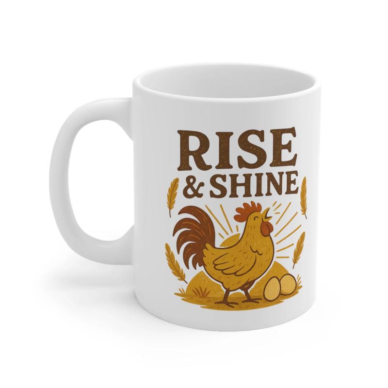 Tailorly White Ceramic 11 oz Mug - Rise Shine Morning Farmhouse Scene Featuring Crowing Bird With Golden Wheat And Eggs Rooster