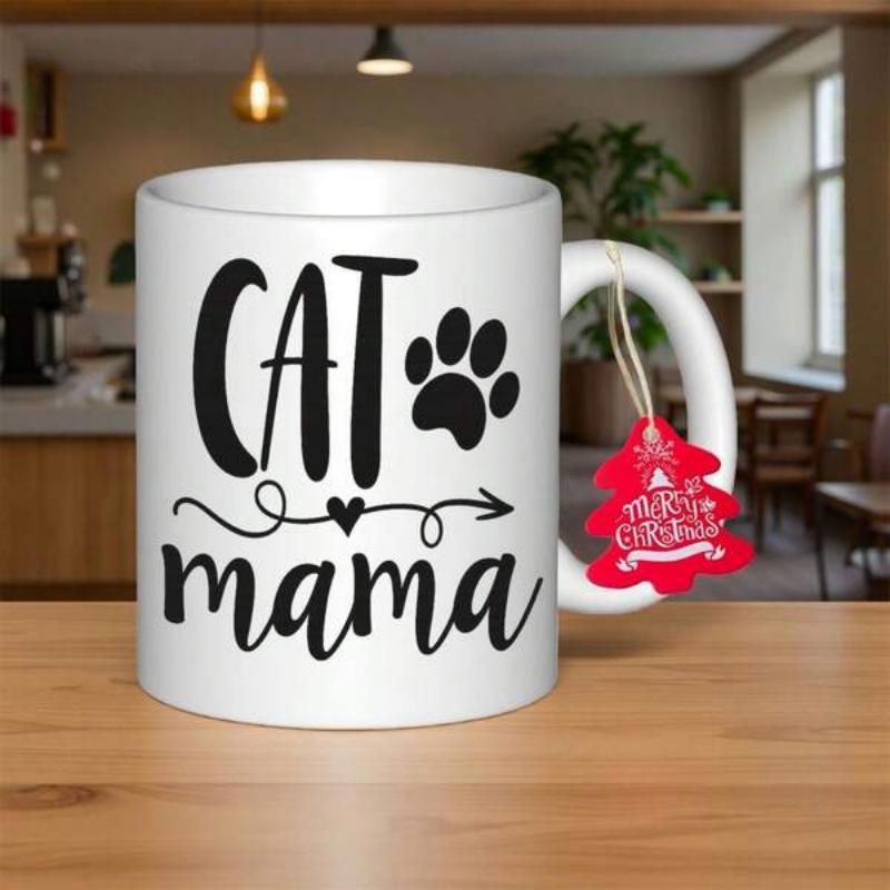 Tailorly White Ceramic 11 oz Mug - Cat Mama Minimalist White Ceramic Vessel Featuring Black Paw Print And Heart Arrow Mug
