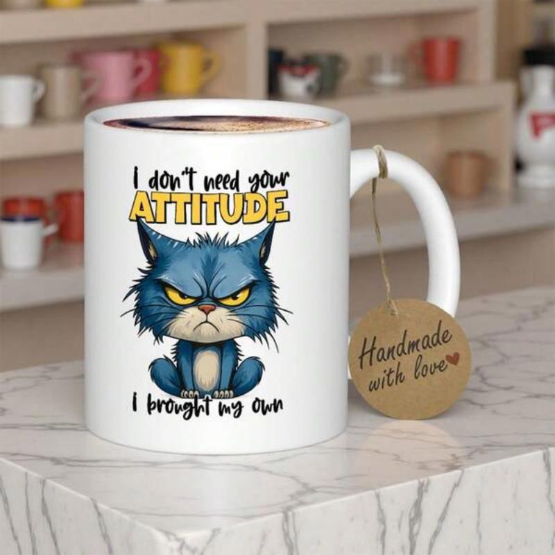 Tailorly White Ceramic 11 oz Mug - I Don't Need Your Attitude I Brought My Own Sarcastic Blue Feline With Intense Yellow Eyes Sitting Firmly Cat