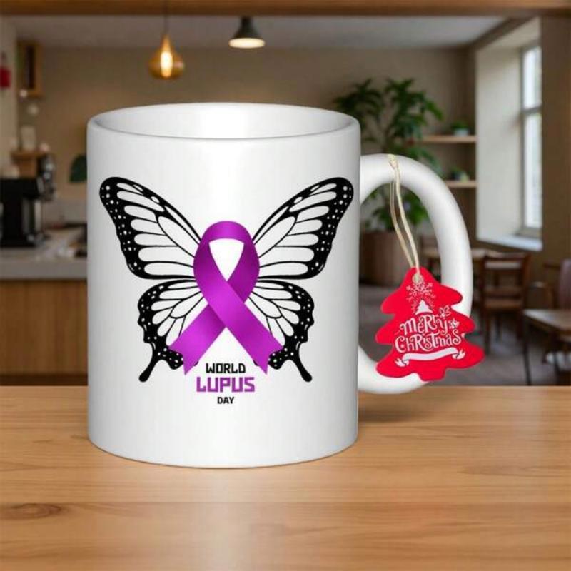 Tailorly White Ceramic 11 oz Mug - World Lupus Day Elegant Purple Ribbon Integrated Within Majestic Monarch Style Spread Open Wings Butterfly