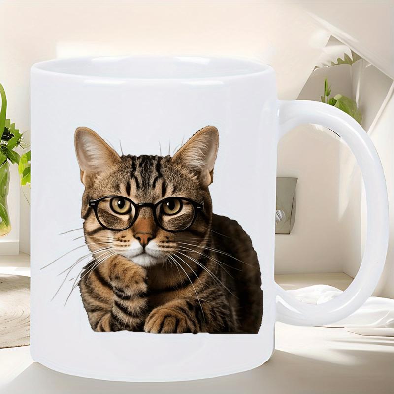 Tailorly White Ceramic 11 oz Mug - Smart Pensive Tabby Wearing Round Black Glasses Resting On Its Paw Cat